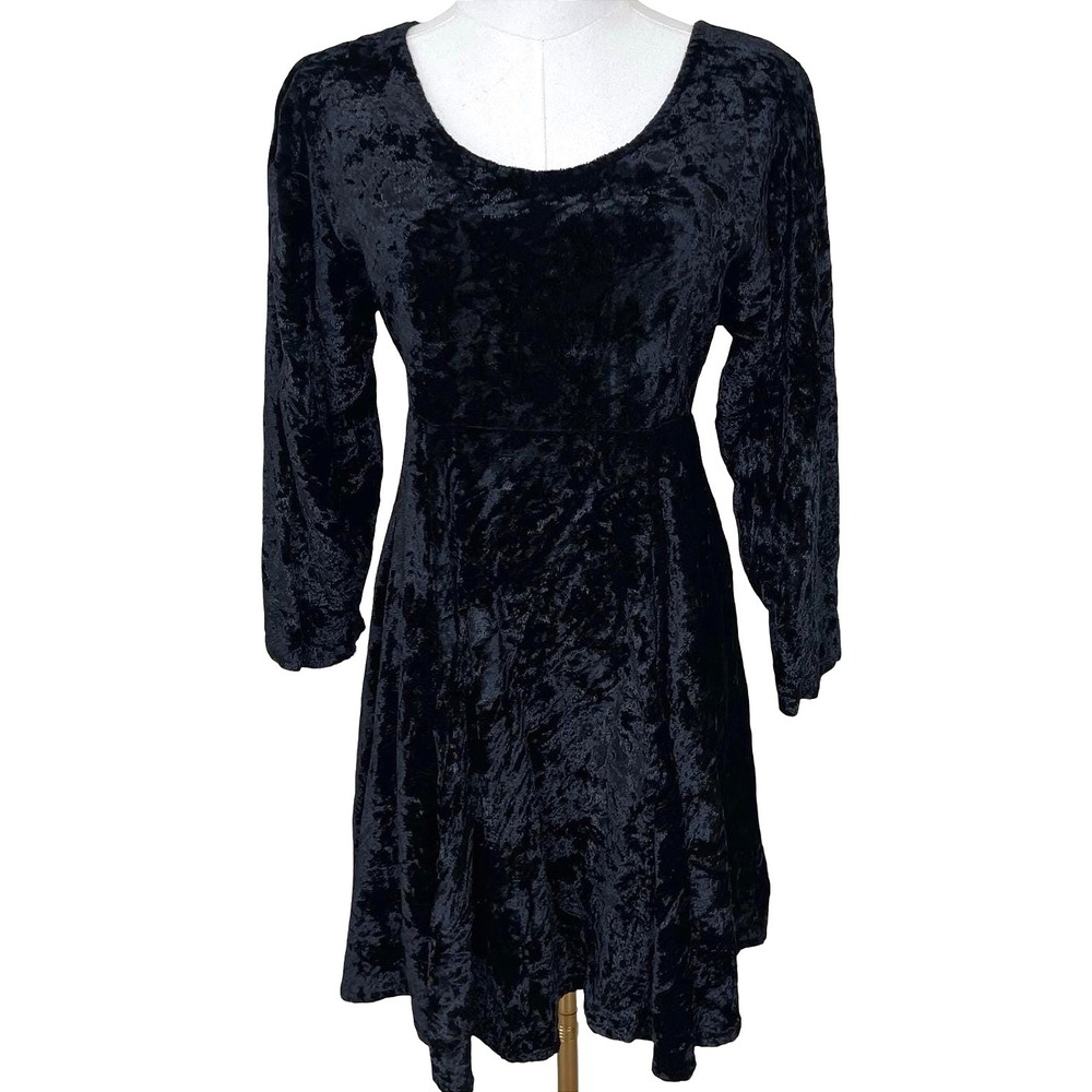 Vintage Crushed Velvet Mini Dress Women Free Size Black Fit & Flare Grunge